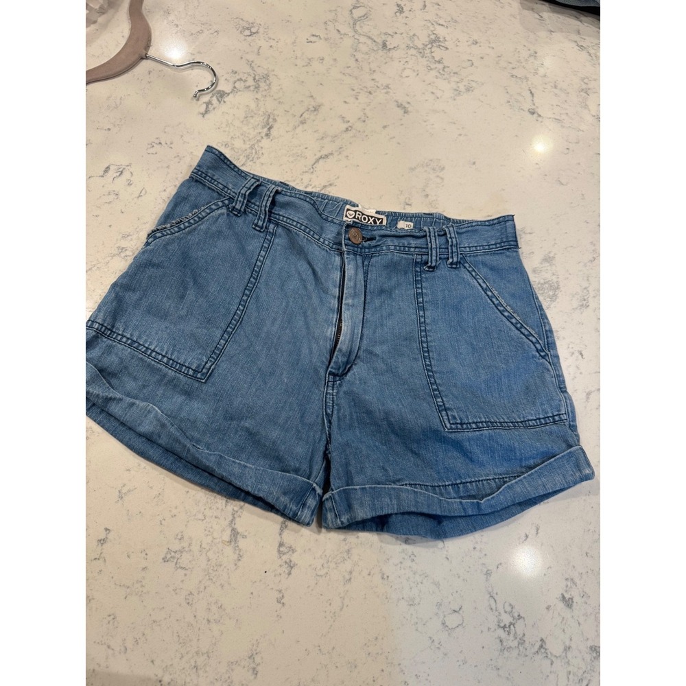 VTG Roxy Womens Medium‎ Wash Denim Cuffed Jean Shorts Size 10 Stretch blue. Y2K.